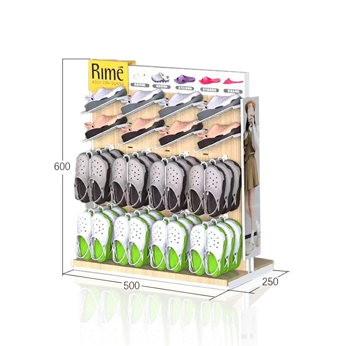 Hanging Slippers Display with Double-Sided Wood Stand