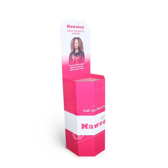 Hexagonal Mobile Accessories Display Rack with Cardboard Product Bins