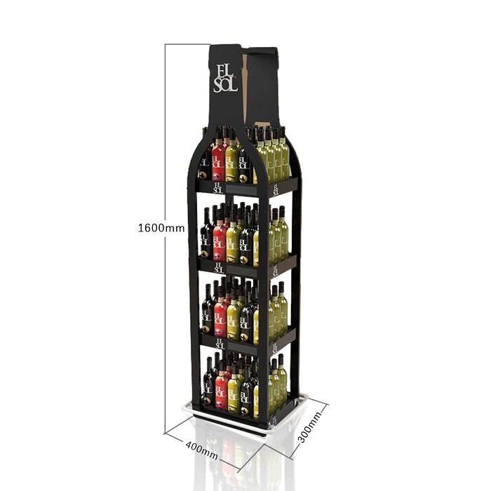 4 Sided Black Metal Retail Display Stand Rack for Wine Bottles on Wheels