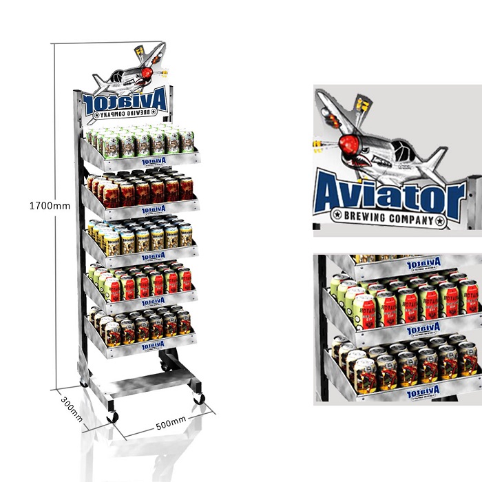 Metal Display Rack for Beer Shelves Featuring Wheels and Point of Purchase Merchandising