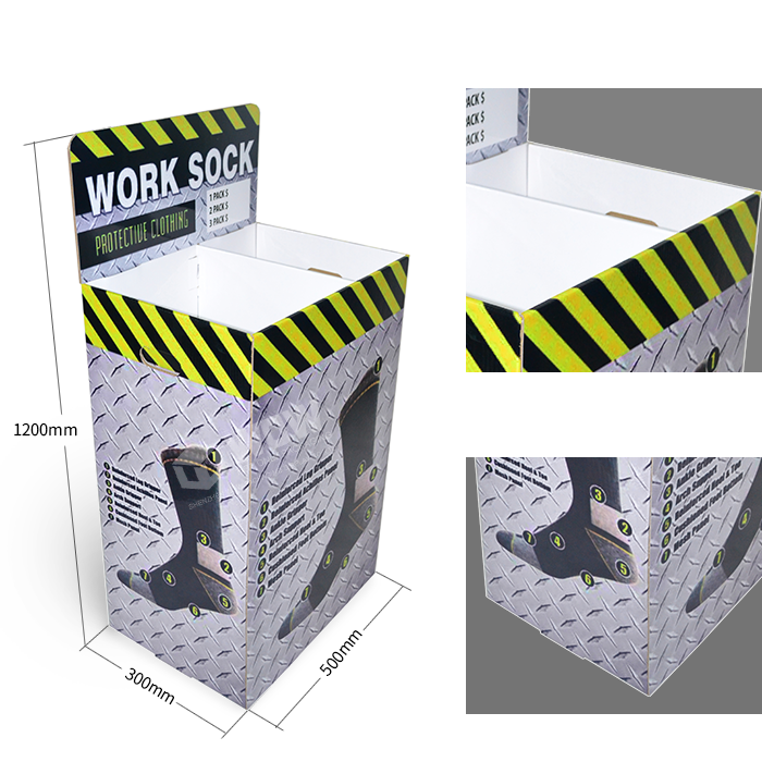 Retail Sock Display Rack Featuring Cardboard Display Bins and Point of Purchase POP Marketing