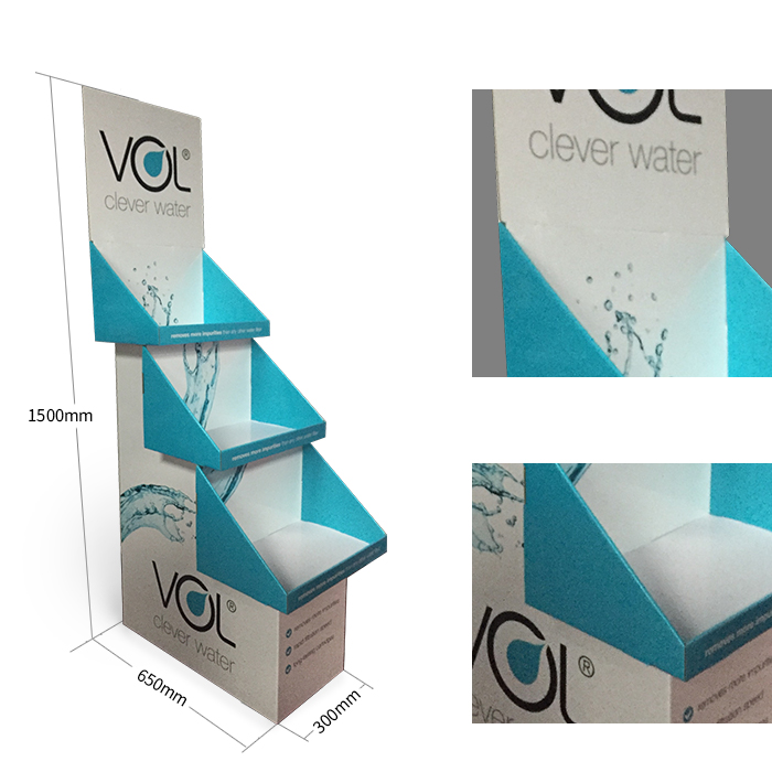 Custom Product Displays Featuring Water Bottle Displays with 3 Tier Display Bins and Printed Cardboard Stands