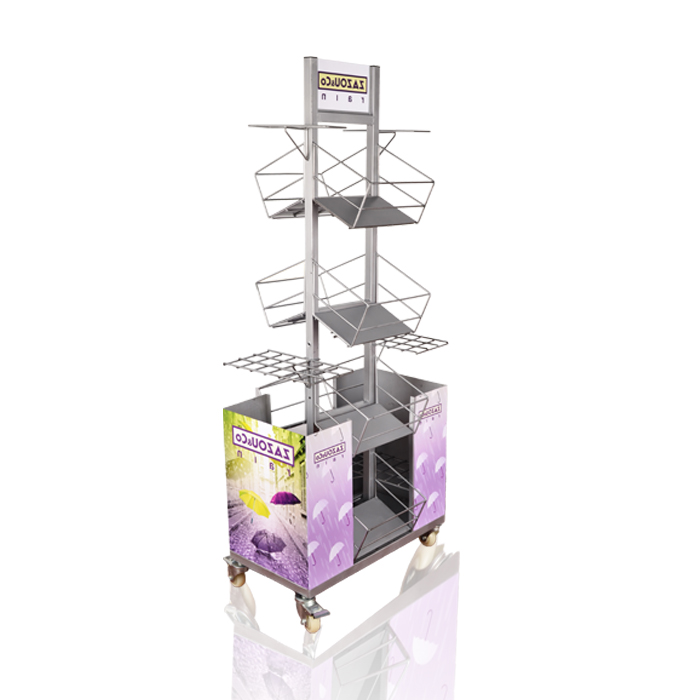 Retail Umbrella Floor Pop Display with Metal Shelving on Wheels