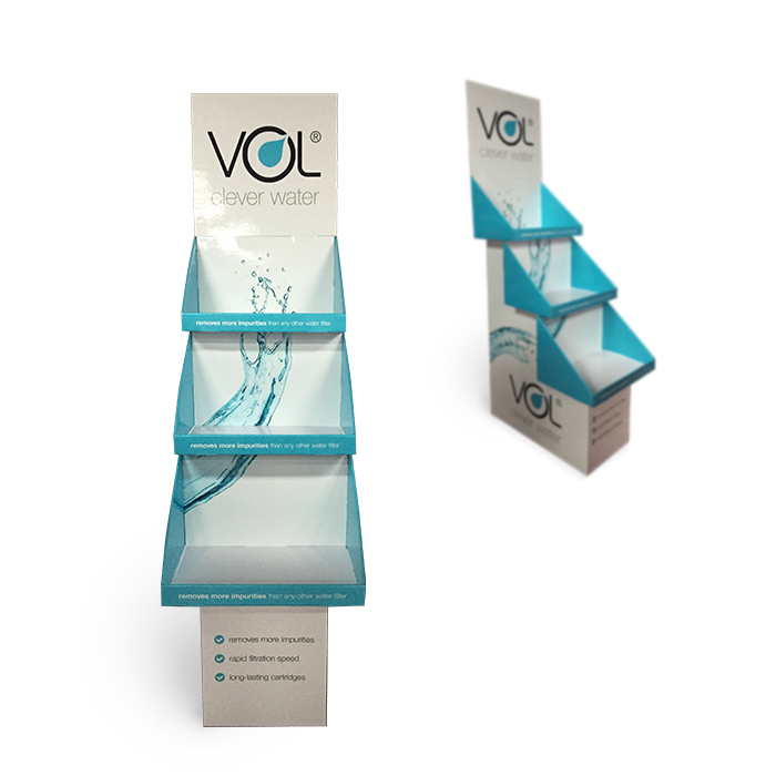 Custom Product Displays Featuring Water Bottle Displays with 3 Tier Display Bins and Printed Cardboard Stands