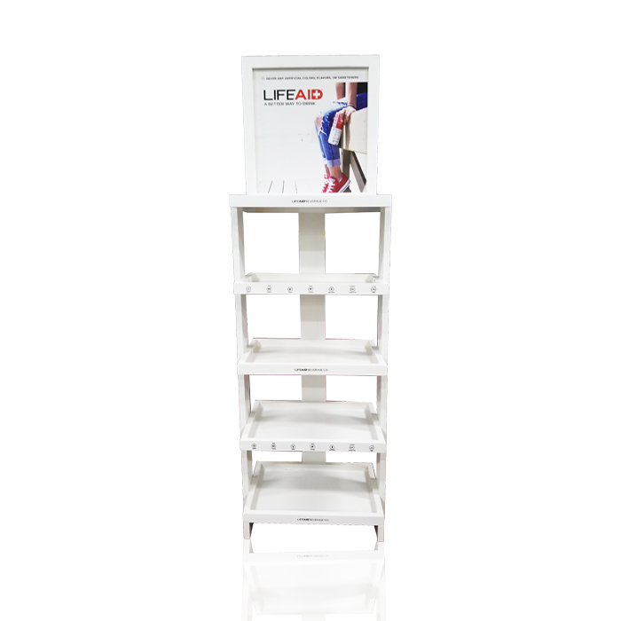 Floor Display Rack for Spray Cans with Wooden Retail Shelves on Wheels