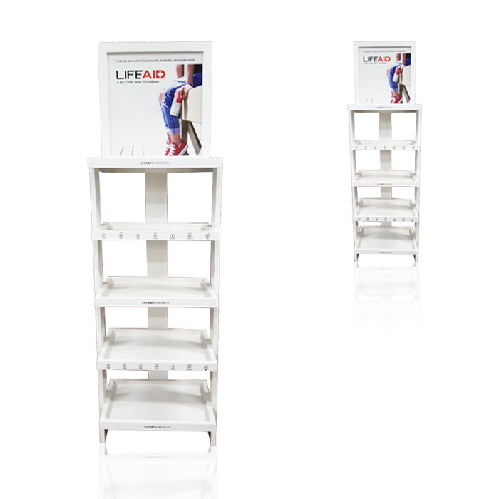 Floor Display Rack for Spray Cans with Wooden Retail Shelves on Wheels