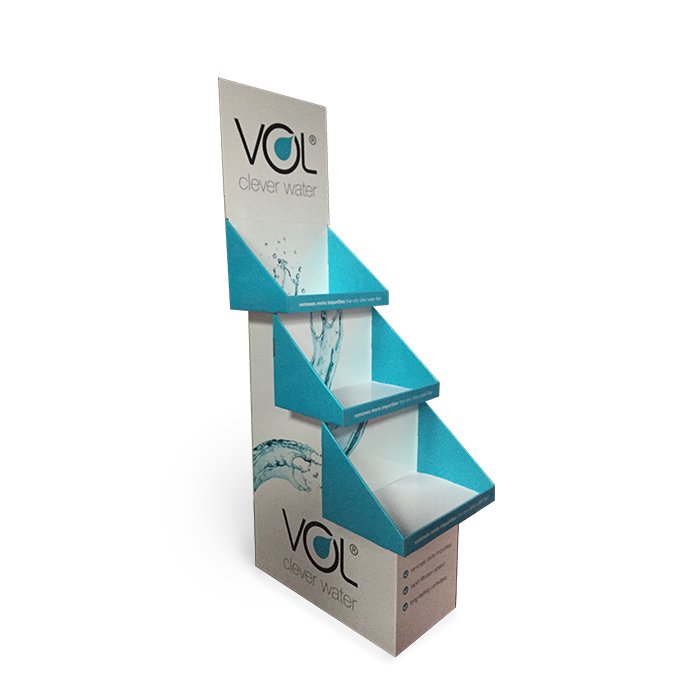 Custom Product Displays Featuring Water Bottle Displays with 3 Tier Display Bins and Printed Cardboard Stands