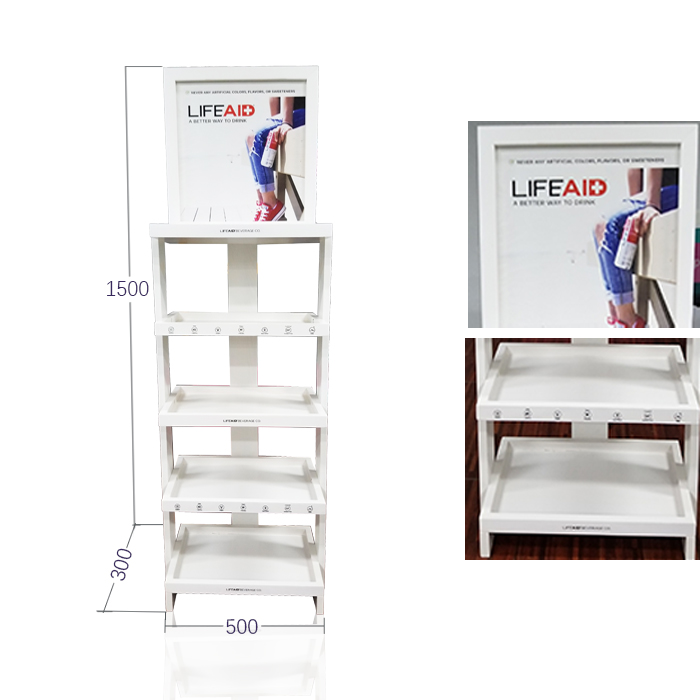 Floor Display Rack for Spray Cans with Wooden Retail Shelves on Wheels