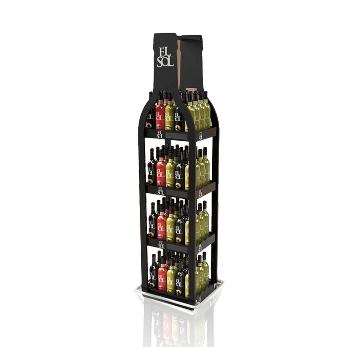 4 Sided Black Metal Retail Display Stand Rack for Wine Bottles on Wheels