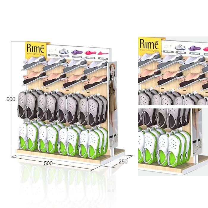 Hanging Slippers Display with Double-Sided Wood Stand