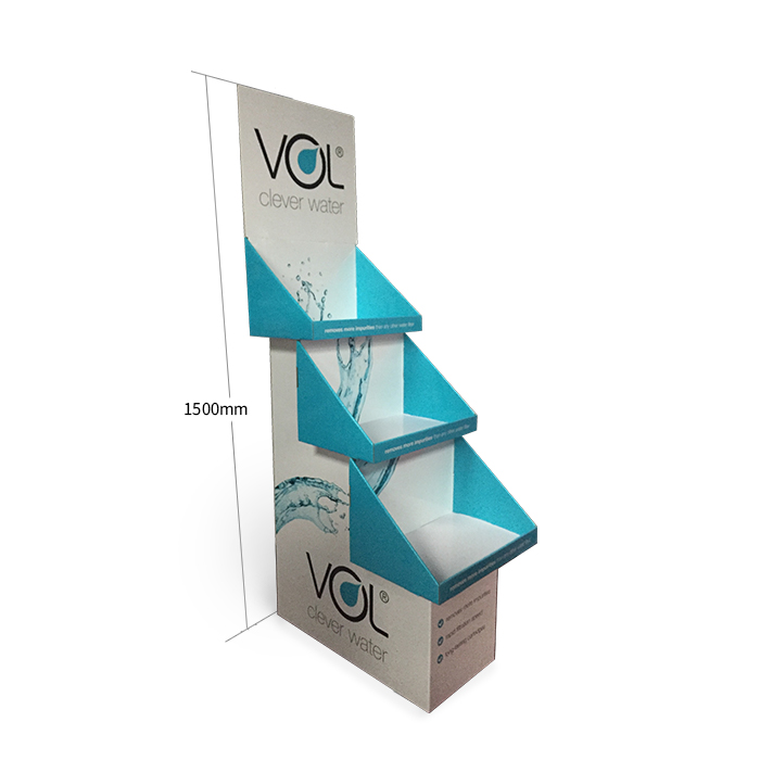Custom Product Displays Featuring Water Bottle Displays with 3 Tier Display Bins and Printed Cardboard Stands