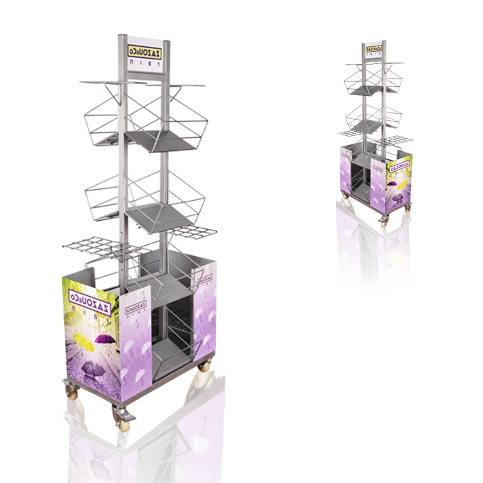 Retail Umbrella Floor Pop Display with Metal Shelving on Wheels