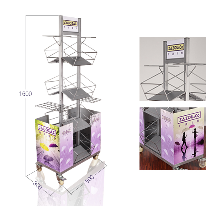 Retail Umbrella Floor Pop Display with Metal Shelving on Wheels