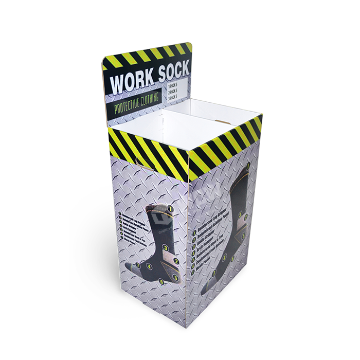 Retail Sock Display Rack Featuring Cardboard Display Bins and Point of Purchase POP Marketing