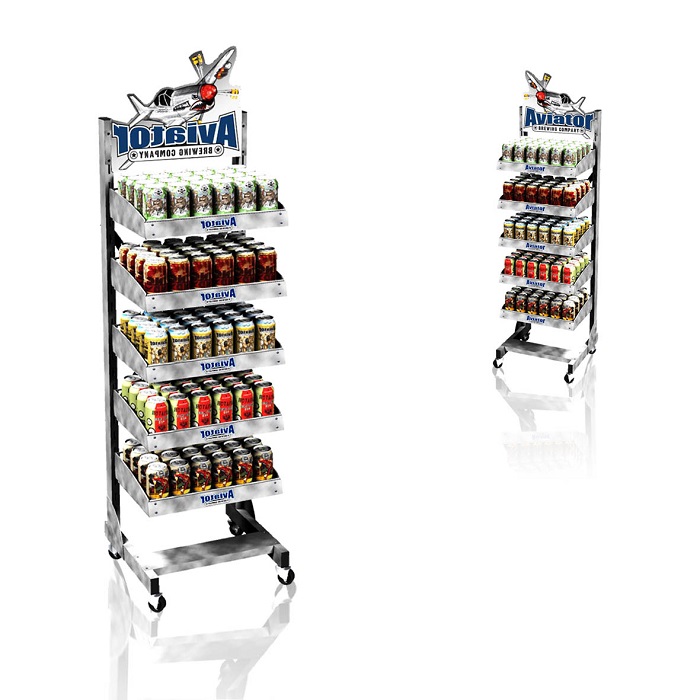 Metal Display Rack for Beer Shelves Featuring Wheels and Point of Purchase Merchandising