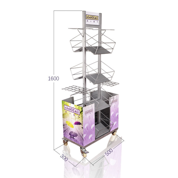 Retail Umbrella Floor Pop Display with Metal Shelving on Wheels