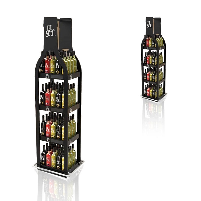 4 Sided Black Metal Retail Display Stand Rack for Wine Bottles on Wheels