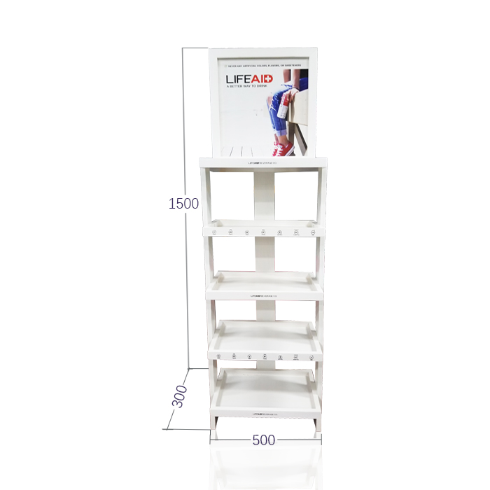 Floor Display Rack for Spray Cans with Wooden Retail Shelves on Wheels