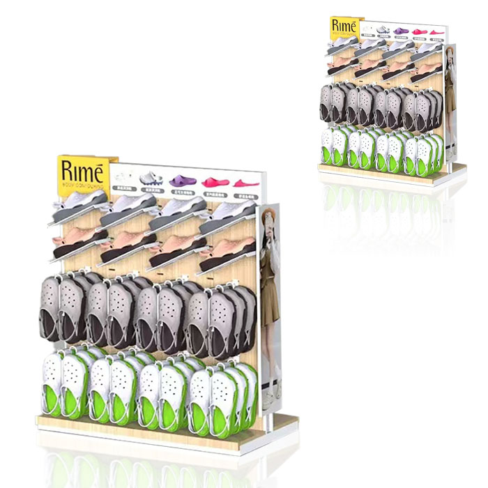 Hanging Slippers Display with Double-Sided Wood Stand