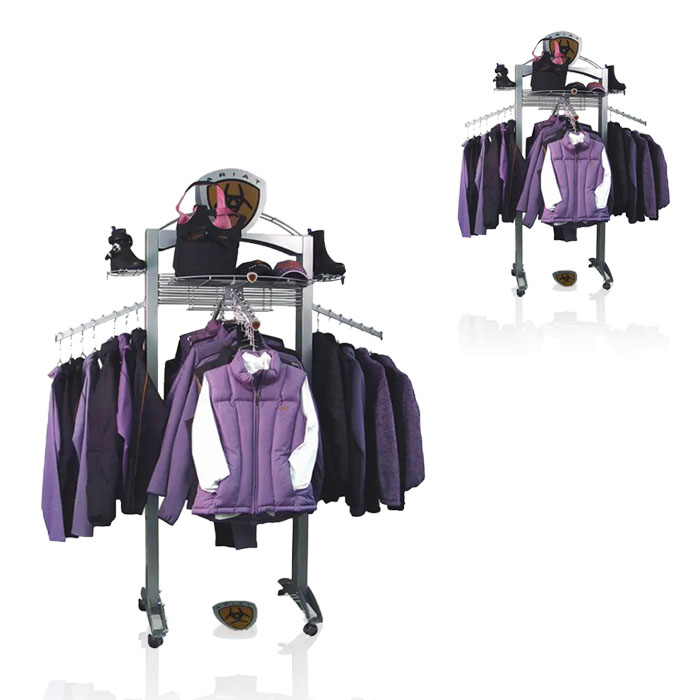 Retail Clothing Rack with Display Shelves on Wheels