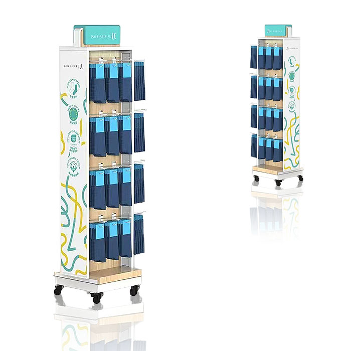 Retail Sock Display Rack with Peg Hooks and Wooden Stand