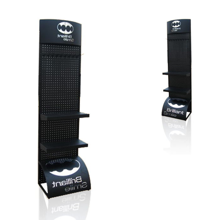 Store Towel Display with Freestanding Pegboard and Black Metal Stand