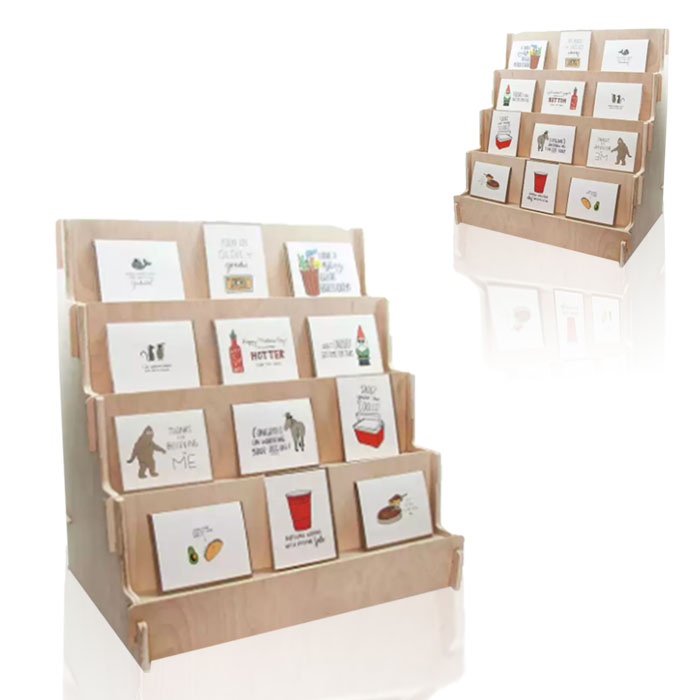 Greeting Card Display Stand with POS Counter and Tiered Wood