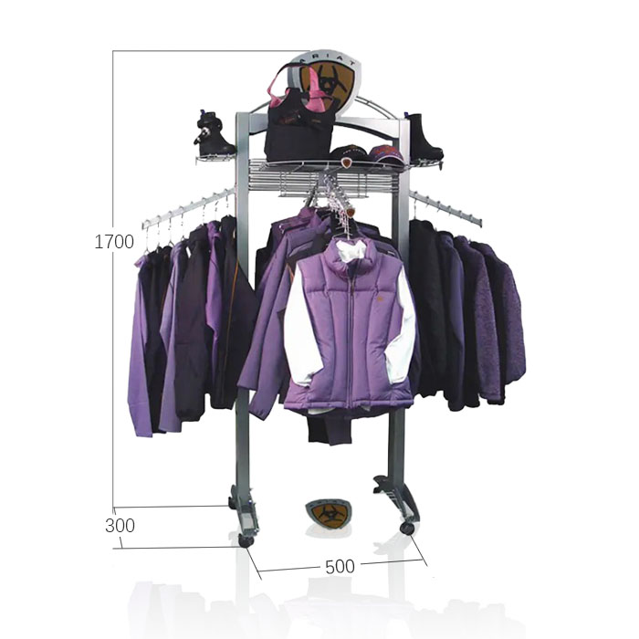 Retail Clothing Rack with Display Shelves on Wheels