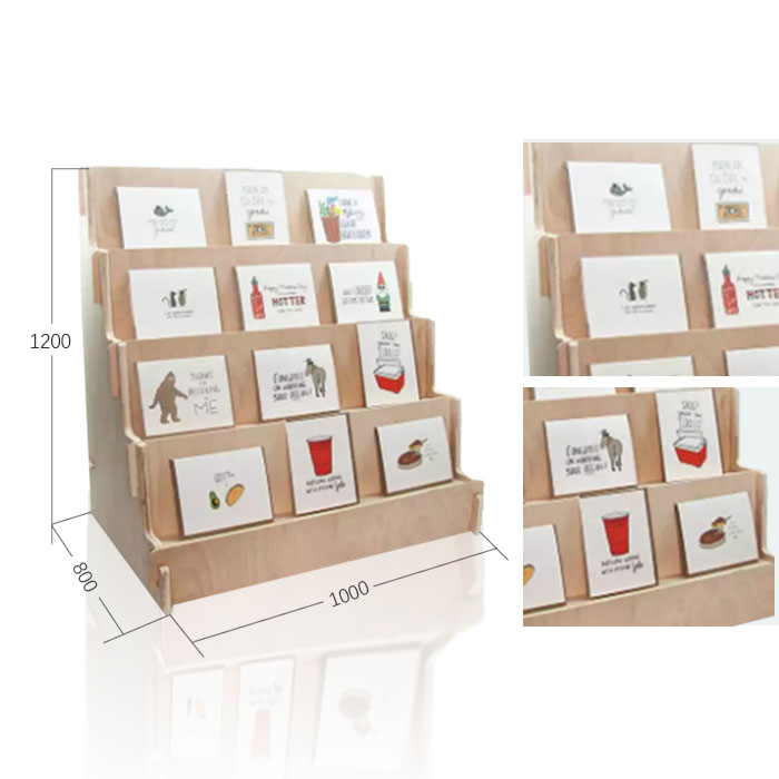 Greeting Card Display Stand with POS Counter and Tiered Wood