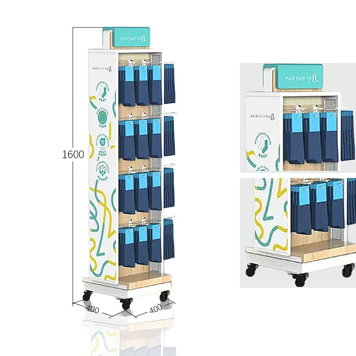 Retail Sock Display Rack with Peg Hooks and Wooden Stand