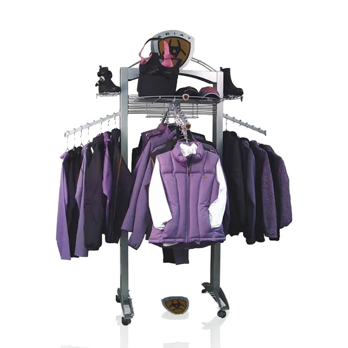 Retail Clothing Rack with Display Shelves on Wheels