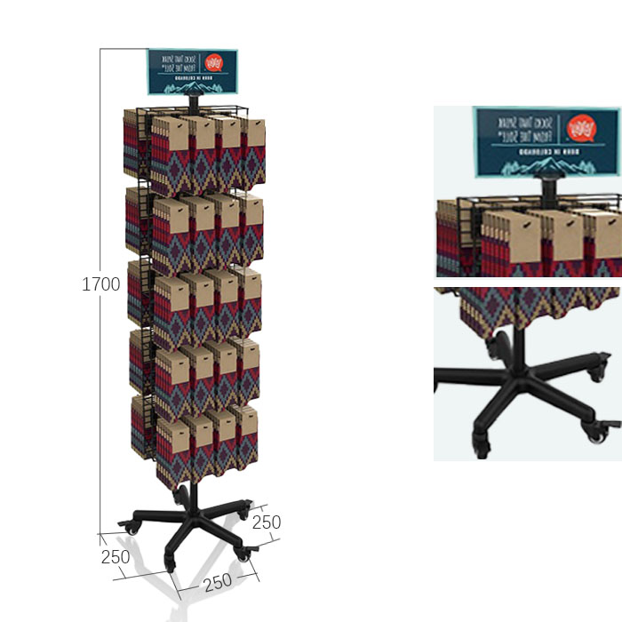 Retail Sock Display Rack with Floor Spinner and Black Metal Stand