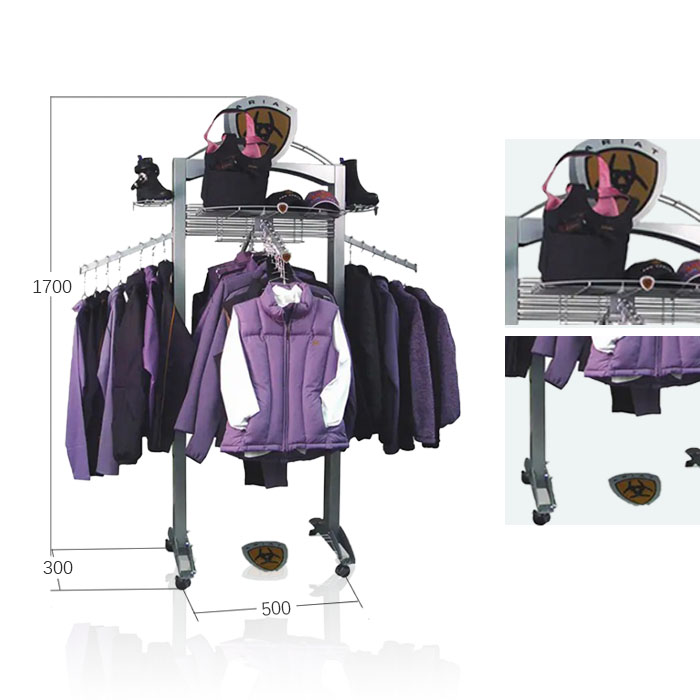Retail Clothing Rack with Display Shelves on Wheels