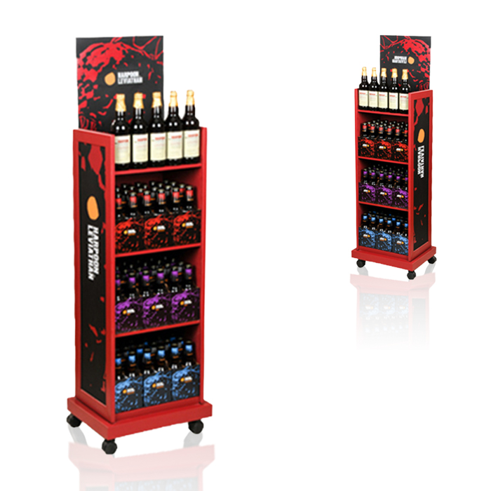 Liquor Store Floor Display Rack with Metal FSDU Wheels