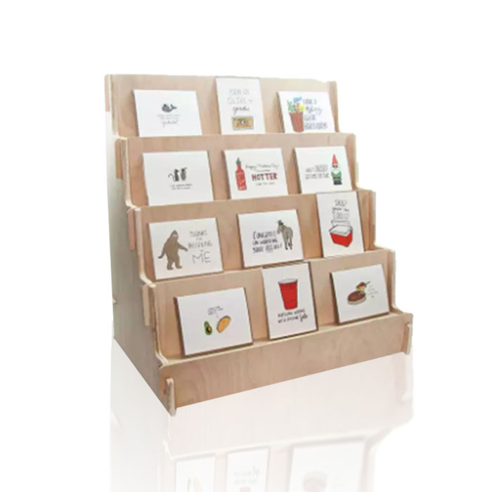 Greeting Card Display Stand with POS Counter and Tiered Wood