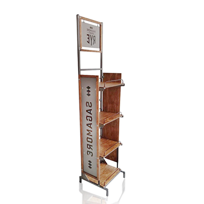 4-Tier Liquor Shelf Display Stand with Wooden Rack
