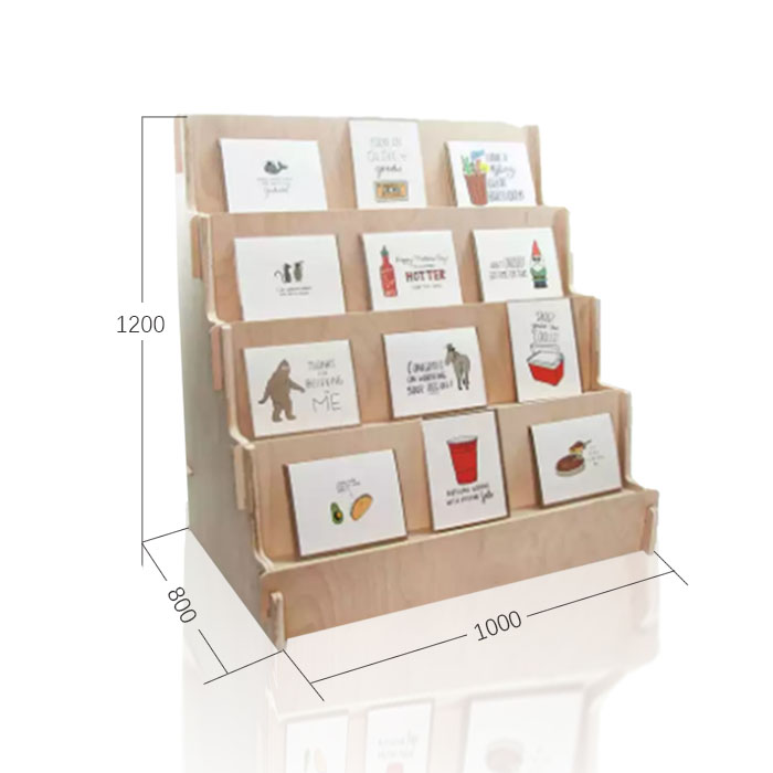Greeting Card Display Stand with POS Counter and Tiered Wood