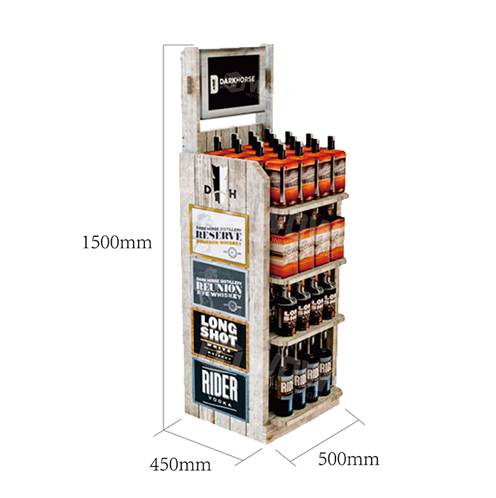 3-Tier Liquor Shelf for Floor Display with Wooden POS Stand