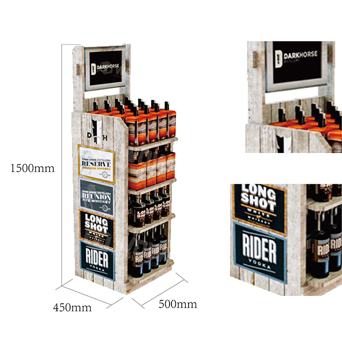 3-Tier Liquor Shelf for Floor Display with Wooden POS Stand