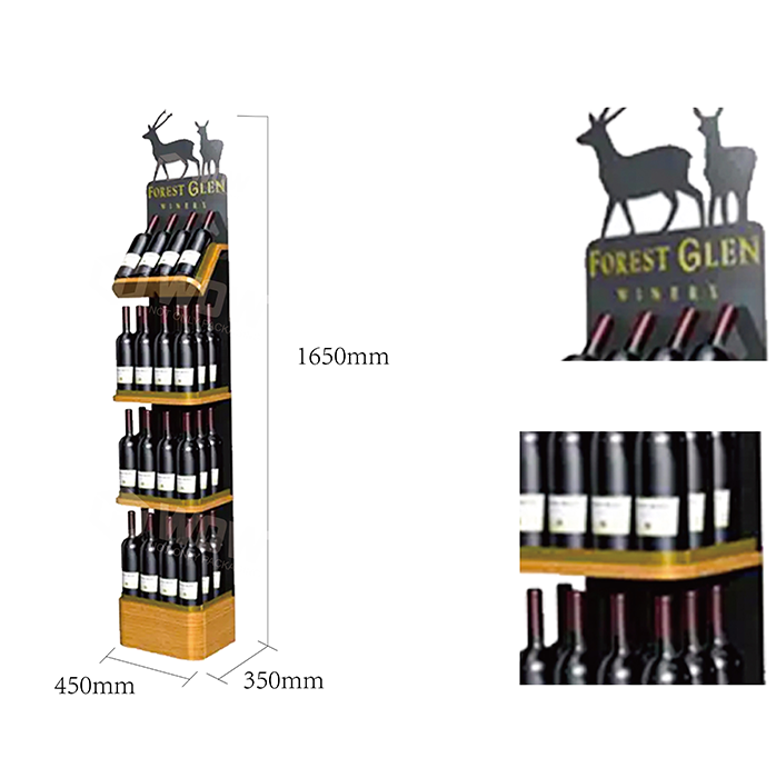 Retail Floor Display Liquor Bottle Shelf with Wood Stand