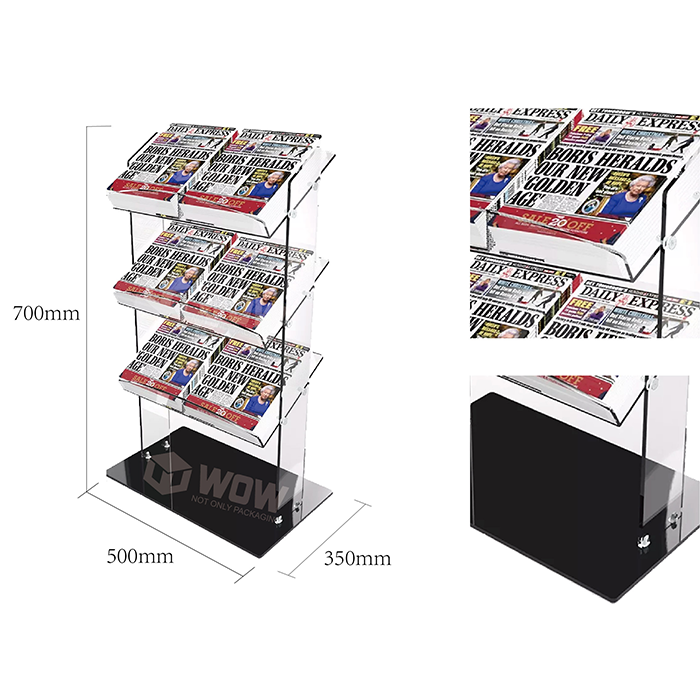 Custom Acrylic Newspaper Display Rack with 3 Tier Shelf