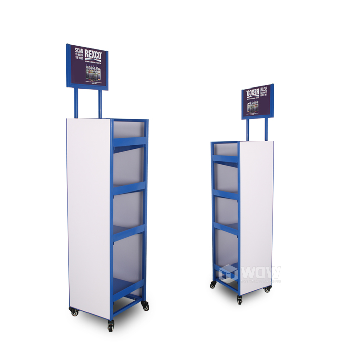Retail Wire Glue Display Rack with Wheels and Interchangeable Graphics