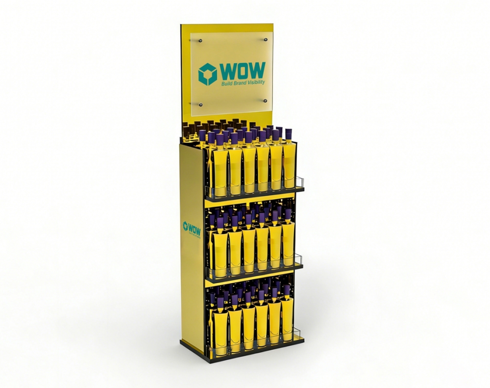 Custom PVC and Acrylic Retail Display Stand with Gold Finish for Liquor Promotion